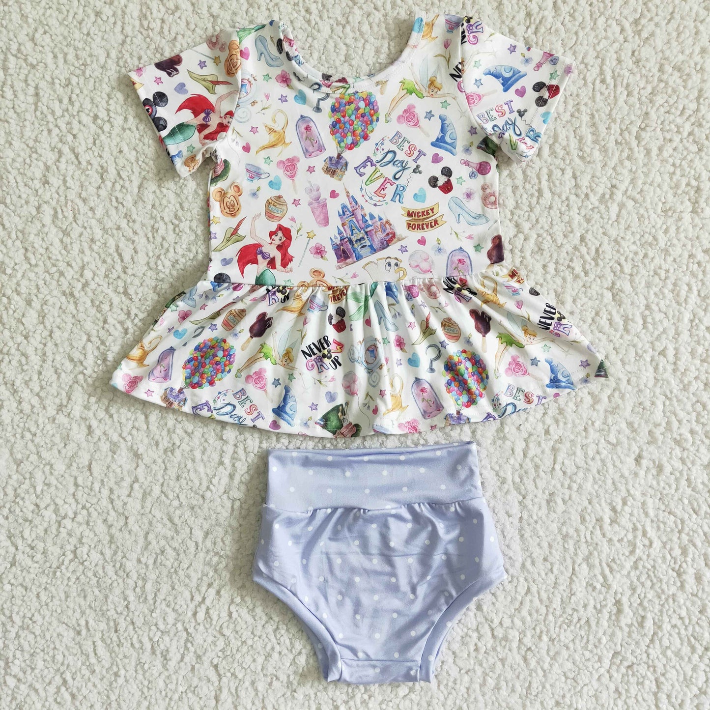 Promotion Baby Girl Short Sleeves Cartoon Tunic Purple Bummies Outfit
