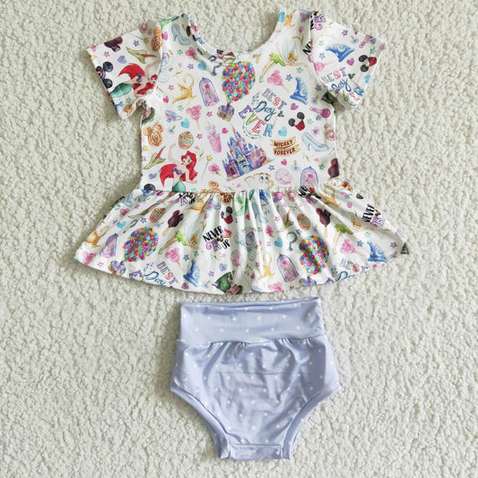 Promotion Baby Girl Short Sleeves Cartoon Tunic Purple Bummies Outfit
