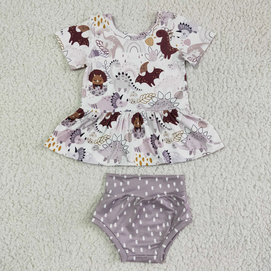 Promotion Baby Girl Short Sleeves Dinosaurs Rainbow Bummies Outfit