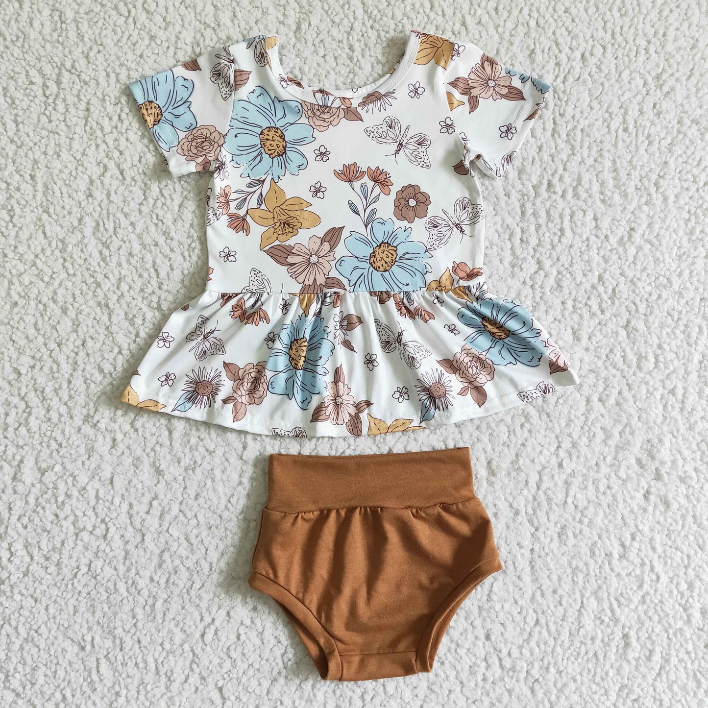 Promotion Baby Girl Short Sleeves Flower Butterfly Tunic Brown Bummies Outfit