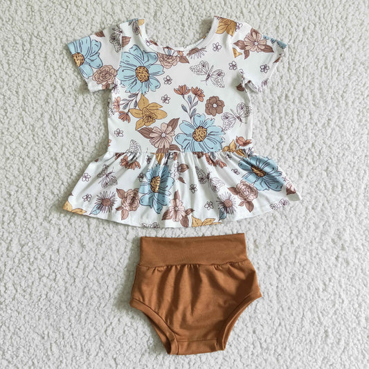 Promotion Baby Girl Short Sleeves Flower Butterfly Tunic Brown Bummies Outfit