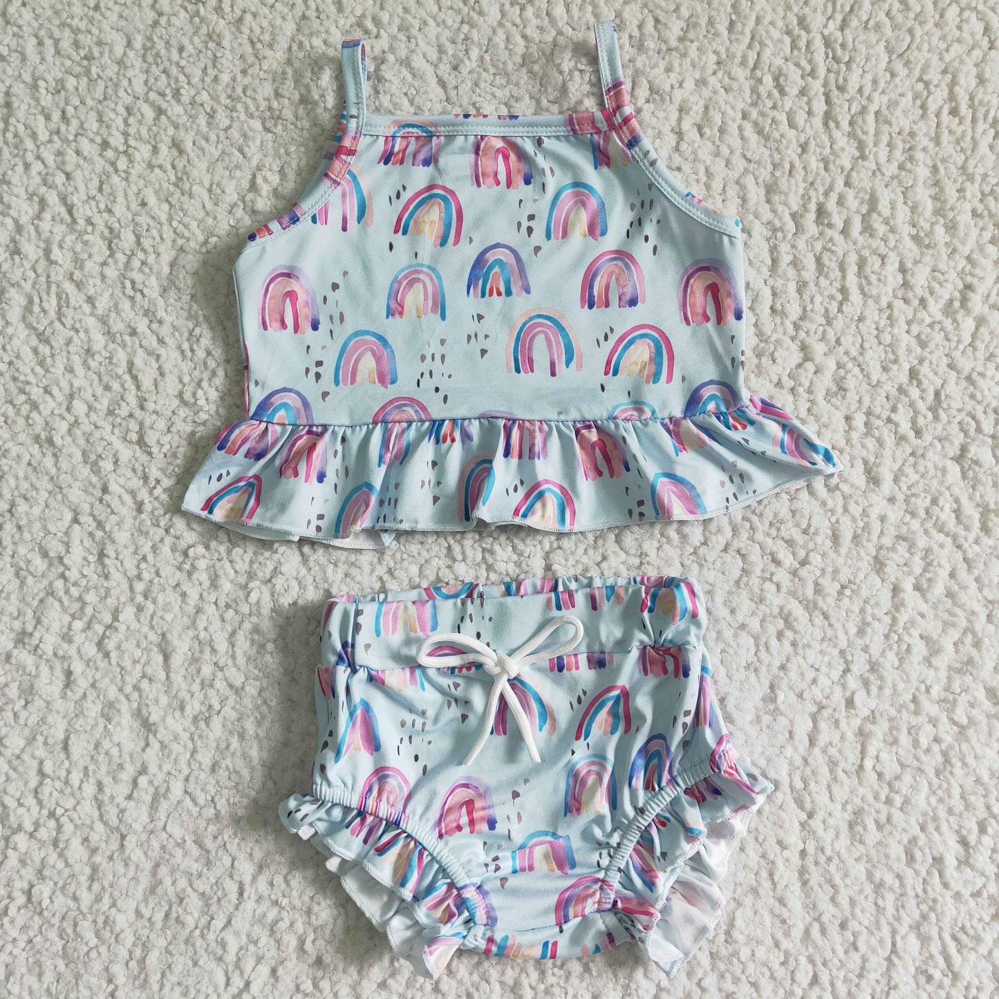 Promotion Baby Girl Straps Rainbow Tunic Ruffle Bummies Outfit