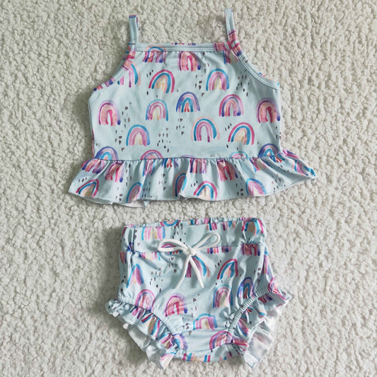 Promotion Baby Girl Straps Rainbow Tunic Ruffle Bummies Outfit