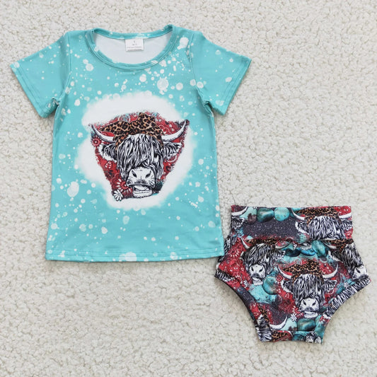 Promotion Baby Kids Summer Cow Western Bummie Blue Outfit RTS