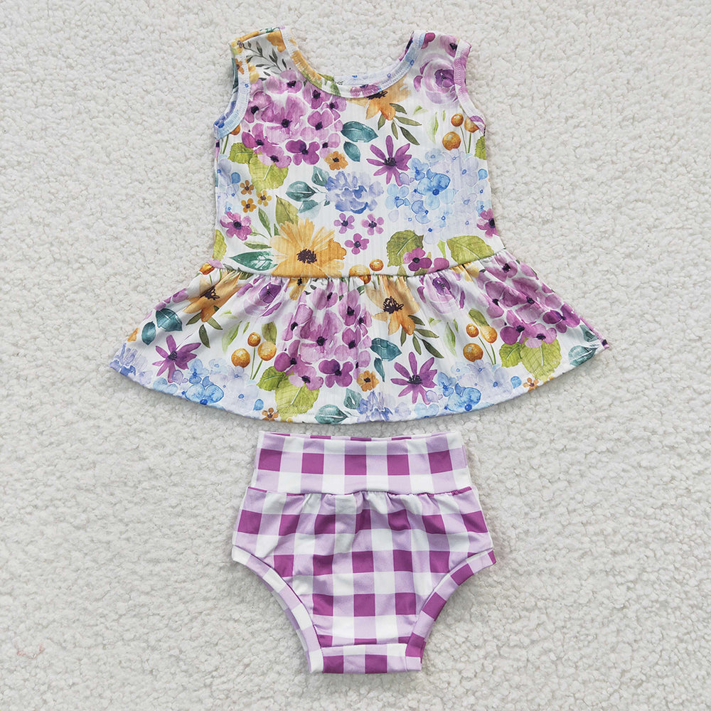 Baby Girl Sleeveless Flower Tops Bummie Shorts Sibling Clothes Set RTS