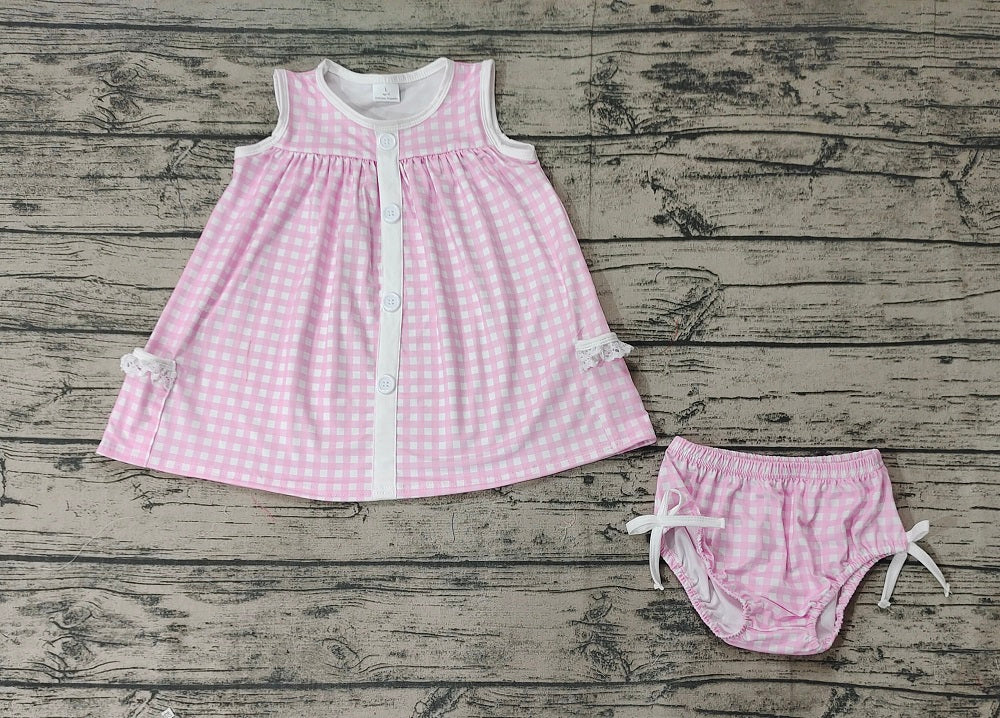 Baby Girl Sleeveless Pink Plaid Pocket Tops Bummie Shorts Summer Set