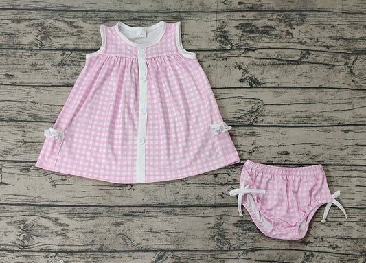 Baby Girl Sleeveless Pink Plaid Pocket Tops Bummie Shorts Summer Set