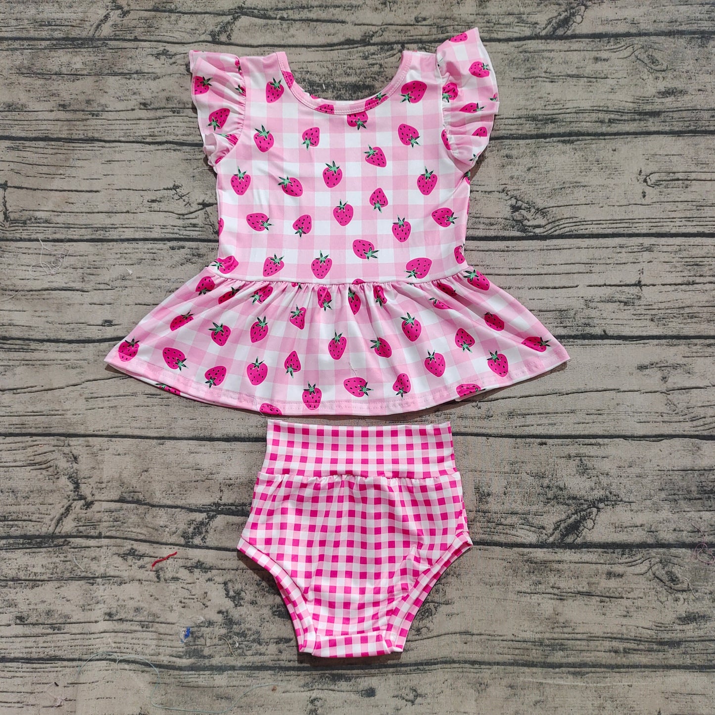 Baby Girl Short Sleeves Strawberry Checked Tunic Pink Bummie Clothes Set RTS