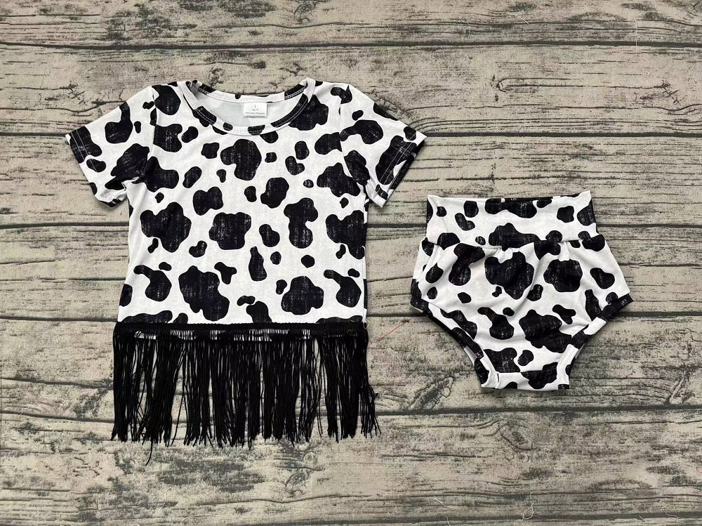 Pre-order Baby Girl Short Sleeves Tassel Shirt Black Cow Print Shorts Summer Set
