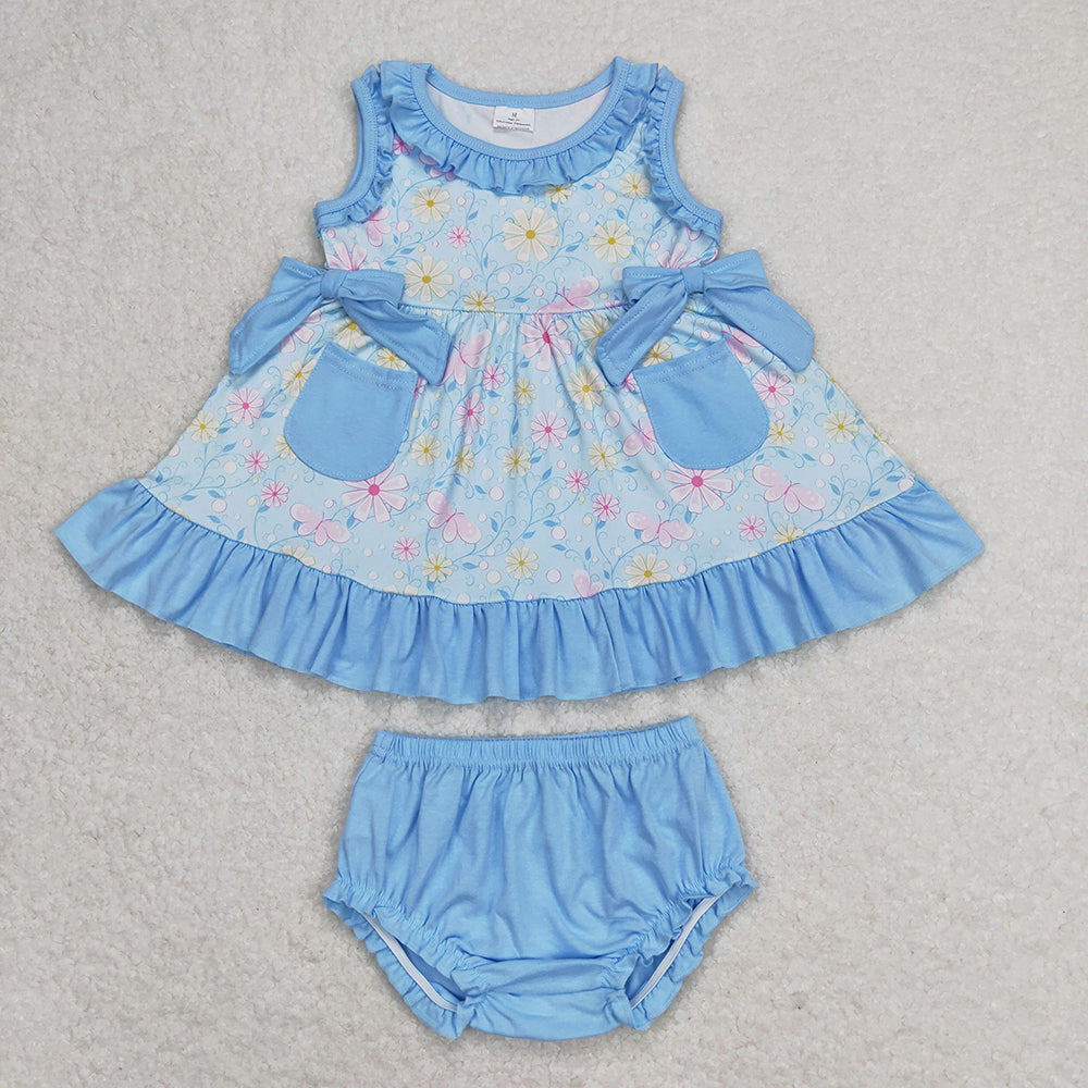 Baby Girl Sleeveless Flower Stripes Pockets Sibling Bummies Set Clothes RTS
