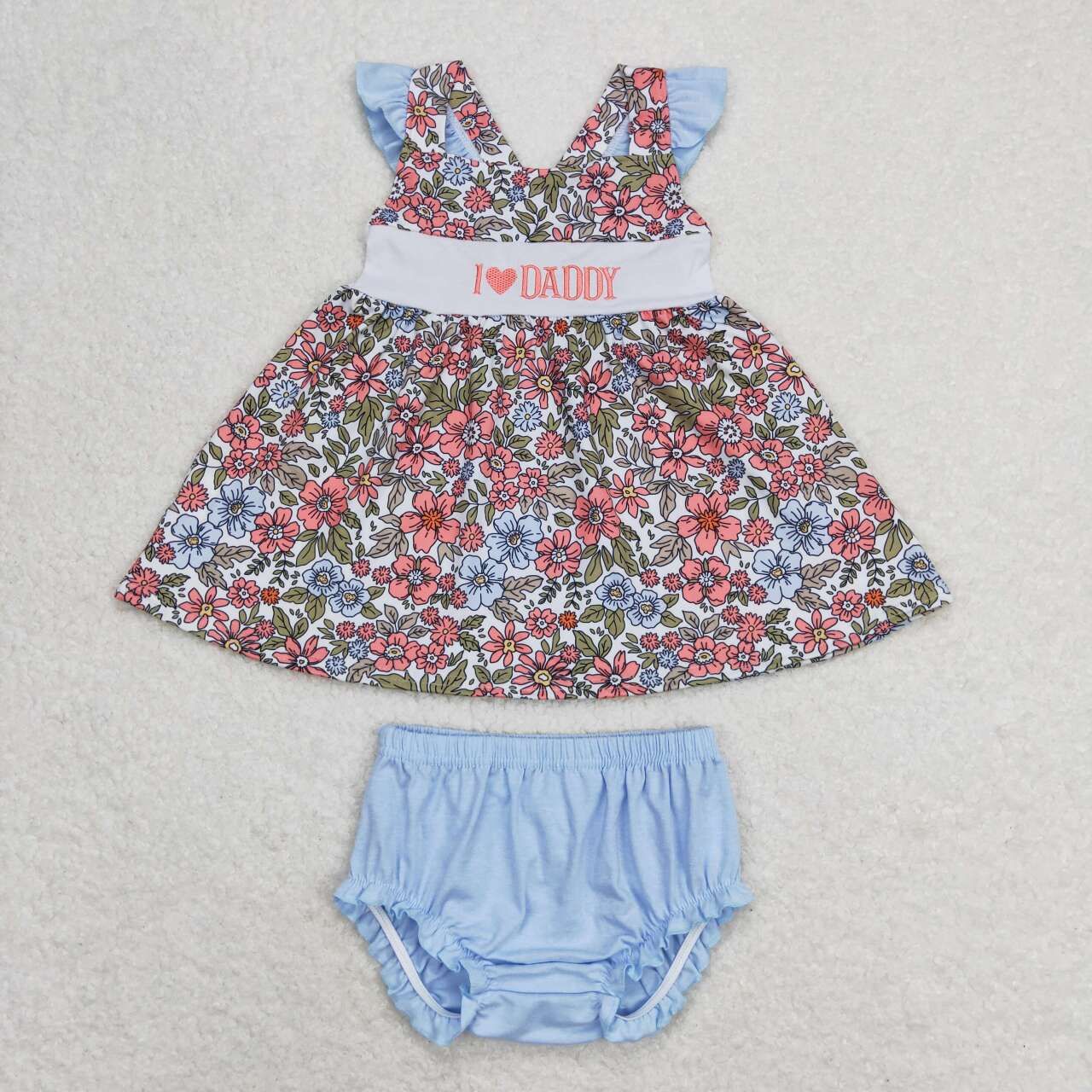 Baby Girl Summer Embroidery I Love Daddy Flower Camo Tunic Bummie Sibling Set RTS