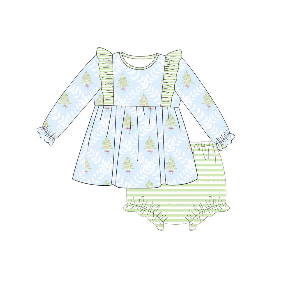 Pre-order Baby Girl Christmas Tree Tunic Green Stripes Bummies Set