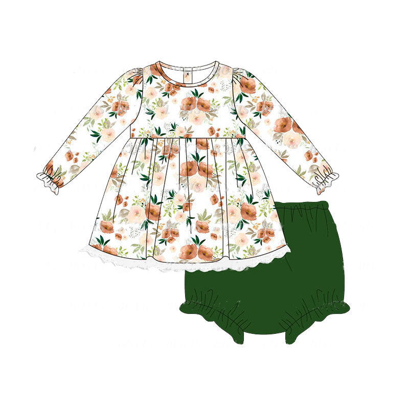 Pre-order Baby Girl Long Sleeves Flower Tunic Green Bummie Set