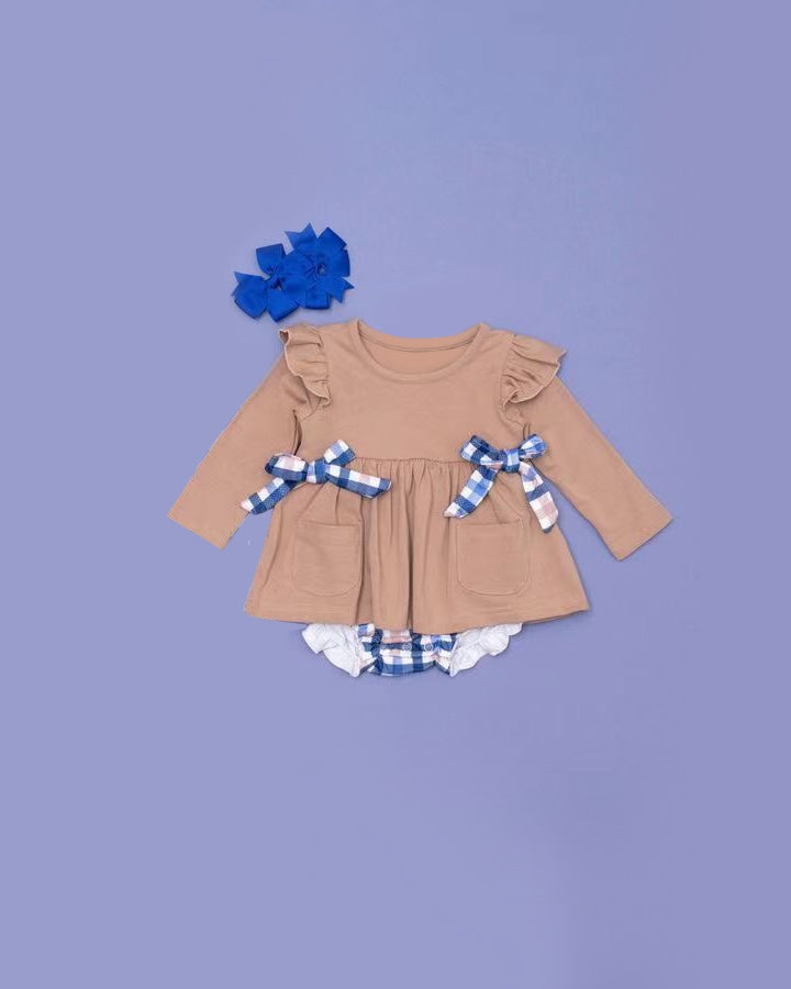 Pre-order Baby Girl Brown Tunic Bows Tunic Bummie Shorts Clothes Set