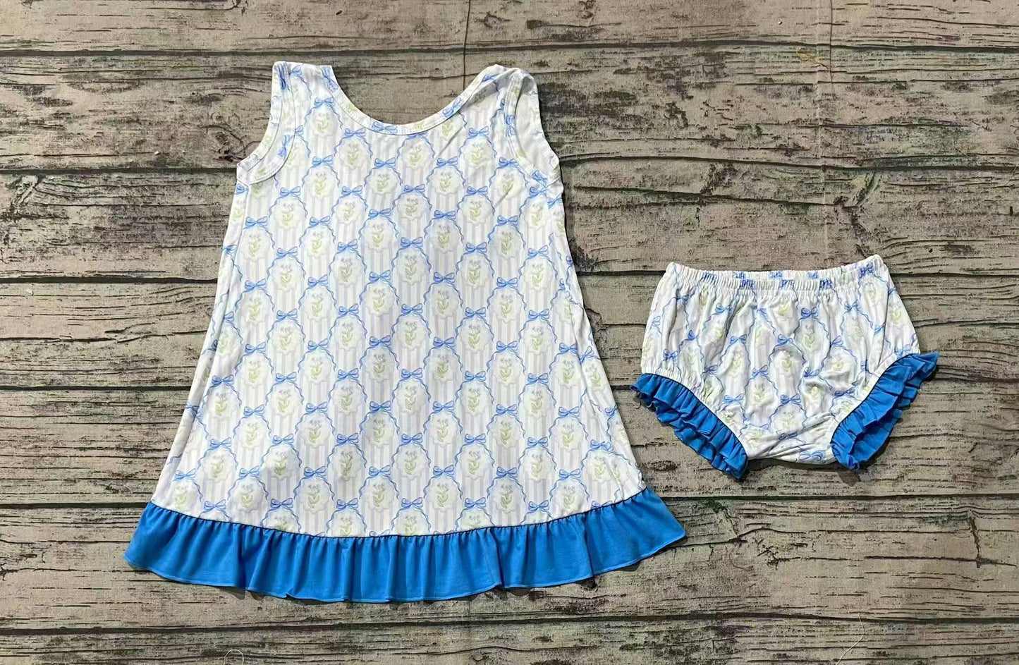 Baby Girl Blue Bows Ruffle Tops Bummie Clothes Set