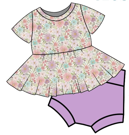 Preorder Baby Girl Short Sleeves Flower Tunic Tops Purple Bummies Clothes Set ( Moq 5 )