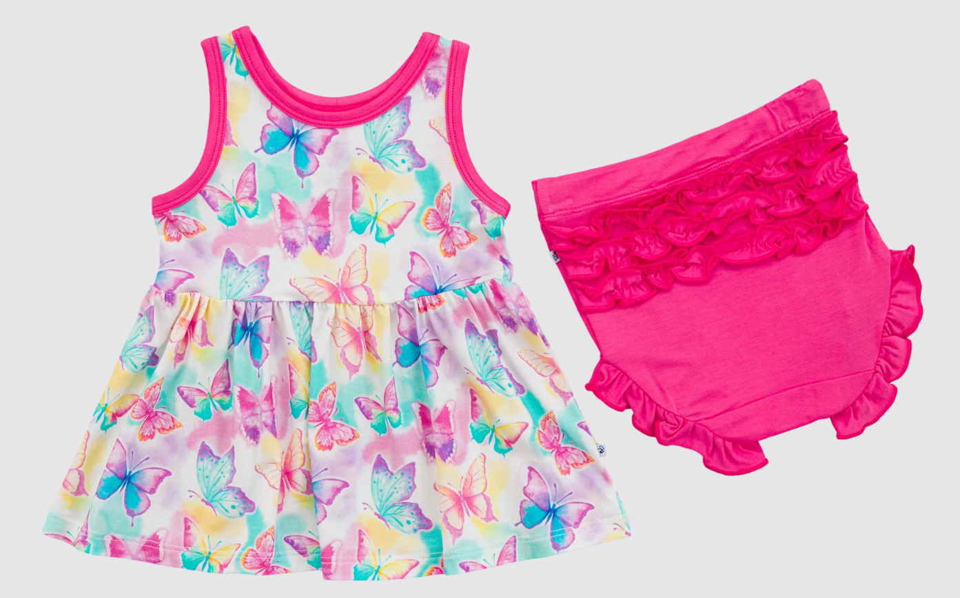 Preorder Baby Girl Sleeveless Colorful Butterfly Tunic Ruffle Bummies Set ( Moq 5 )