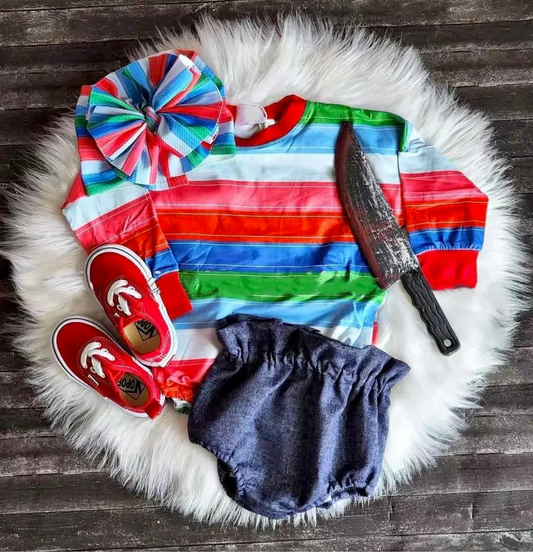 ( Moq 5 ) Preorder Baby Girl Long Sleeves Colorful Stripes Shirt Navy Bummie Halloween Set
