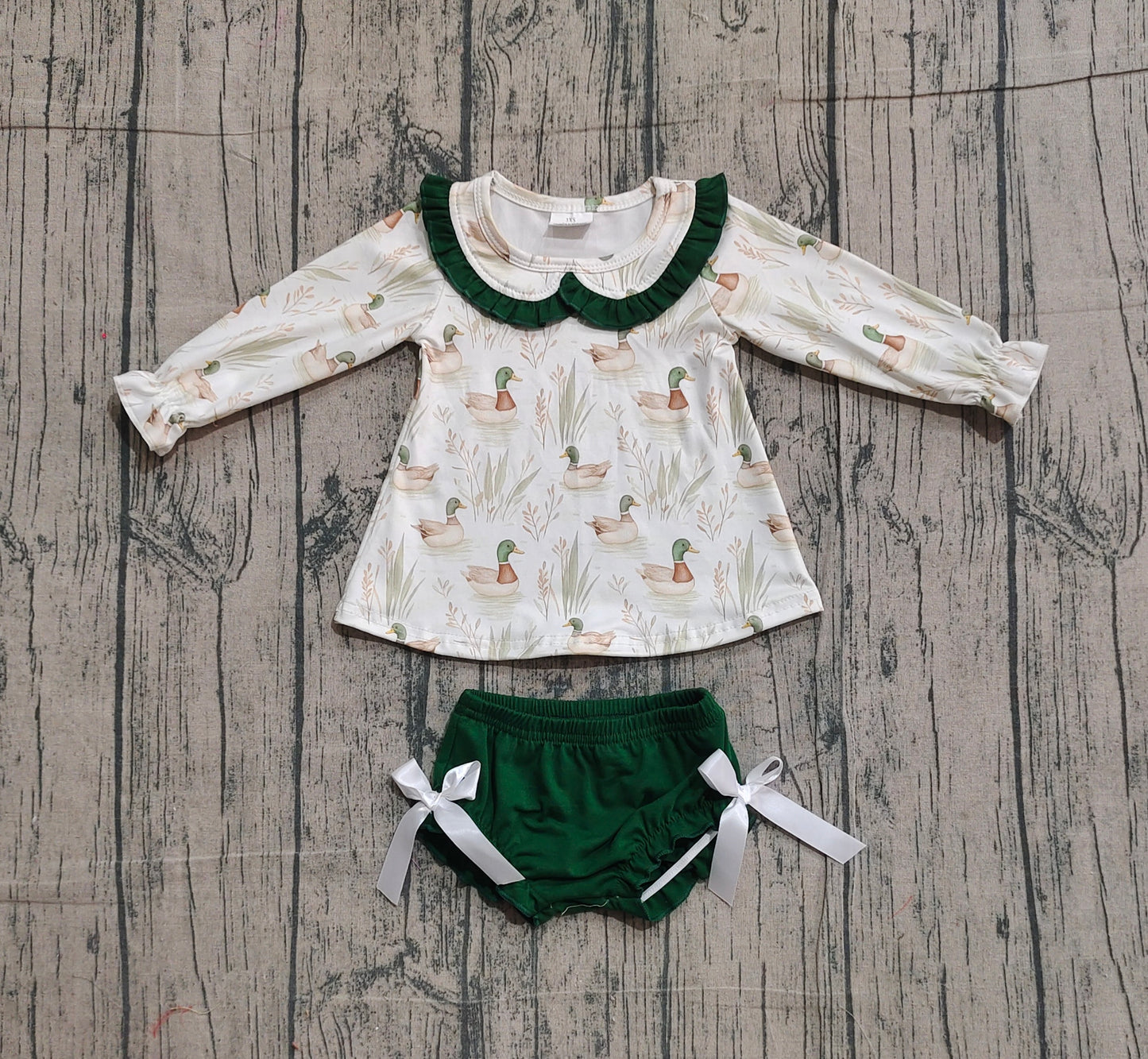 Baby Girls Kids Long Sleeves Ducks Shirt Green Bummie Shirt Set RTS