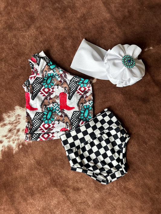 ( Moq 5 ) Preorder Baby Girls Boots Aztec Tops Black Checked Bummie Western Clothes Set