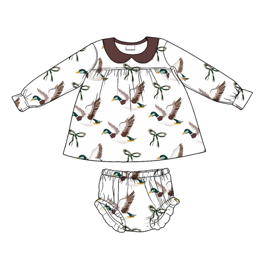 ( Moq 5 ) Preorder Baby Girls Long Sleeves Ducks Bows Tunic Bummie Shorts Outfit