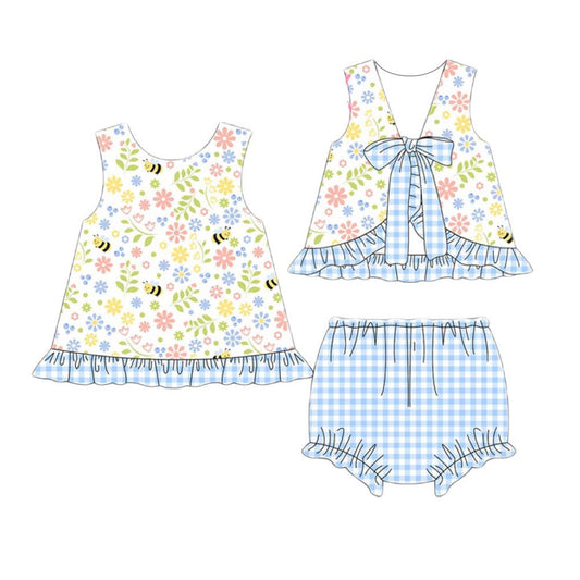 ( Moq 5 ) Preorder Baby Girls Sleeveless Floral Bee Bows Tops Blue Plaid Bummie Shorts Set