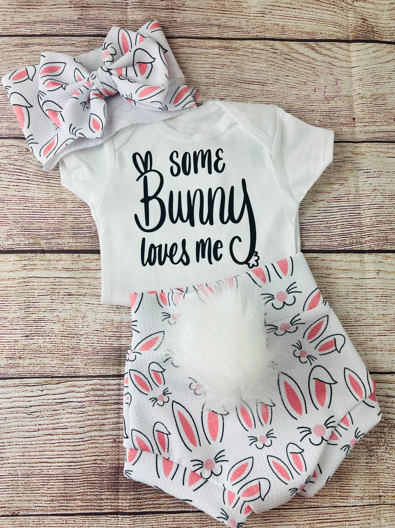 ( Moq 5 ) Preorder Baby Girls Short Sleeves Bunny Shirt Rabbits Fur Bummie Shorts Easter Clothes Set