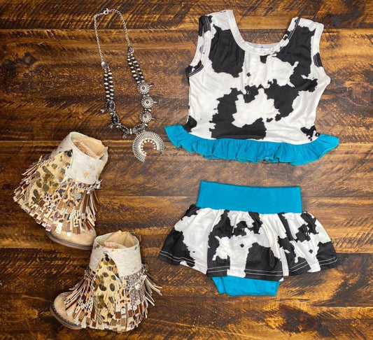 ( Moq 5 ) Preorder Baby Girls Kids Sleeveless Cow Print Tops Ruffle Shorts Western Clothes Set