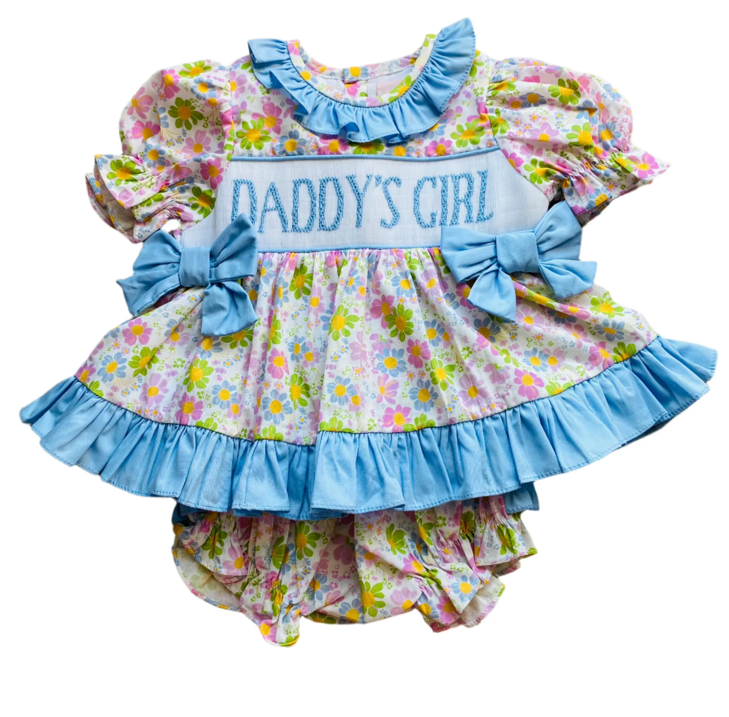 ( Moq 5 ) Preorder Baby Girls Short Sleeves Daddy's Girl Blue Bows Tunic Floral Bummie Shorts Set