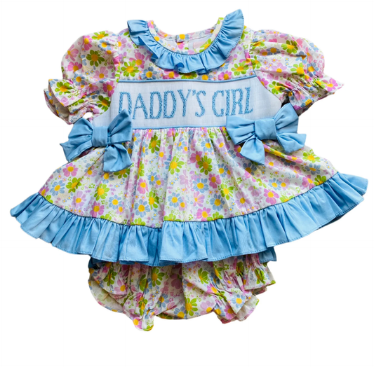 ( Moq 5 ) Preorder Baby Girls Short Sleeves Daddy's Girl Blue Bows Tunic Floral Bummie Shorts Set