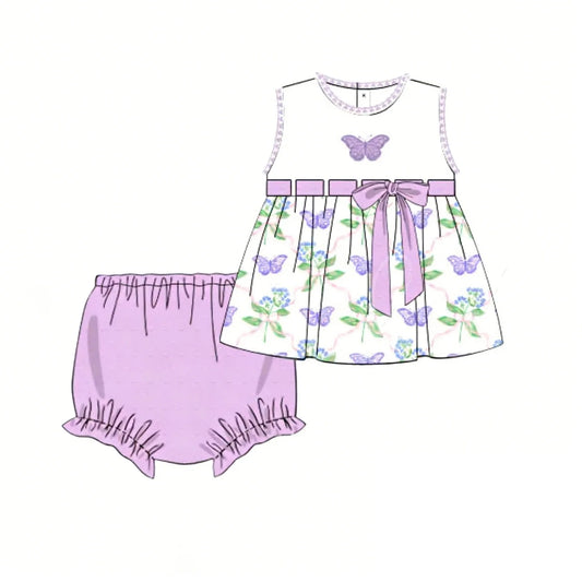 ( Moq 5 ) Preorder Baby Girls Toddler Sleeveless Butterfly Flower Tops Purple Bummie Shorts Set
