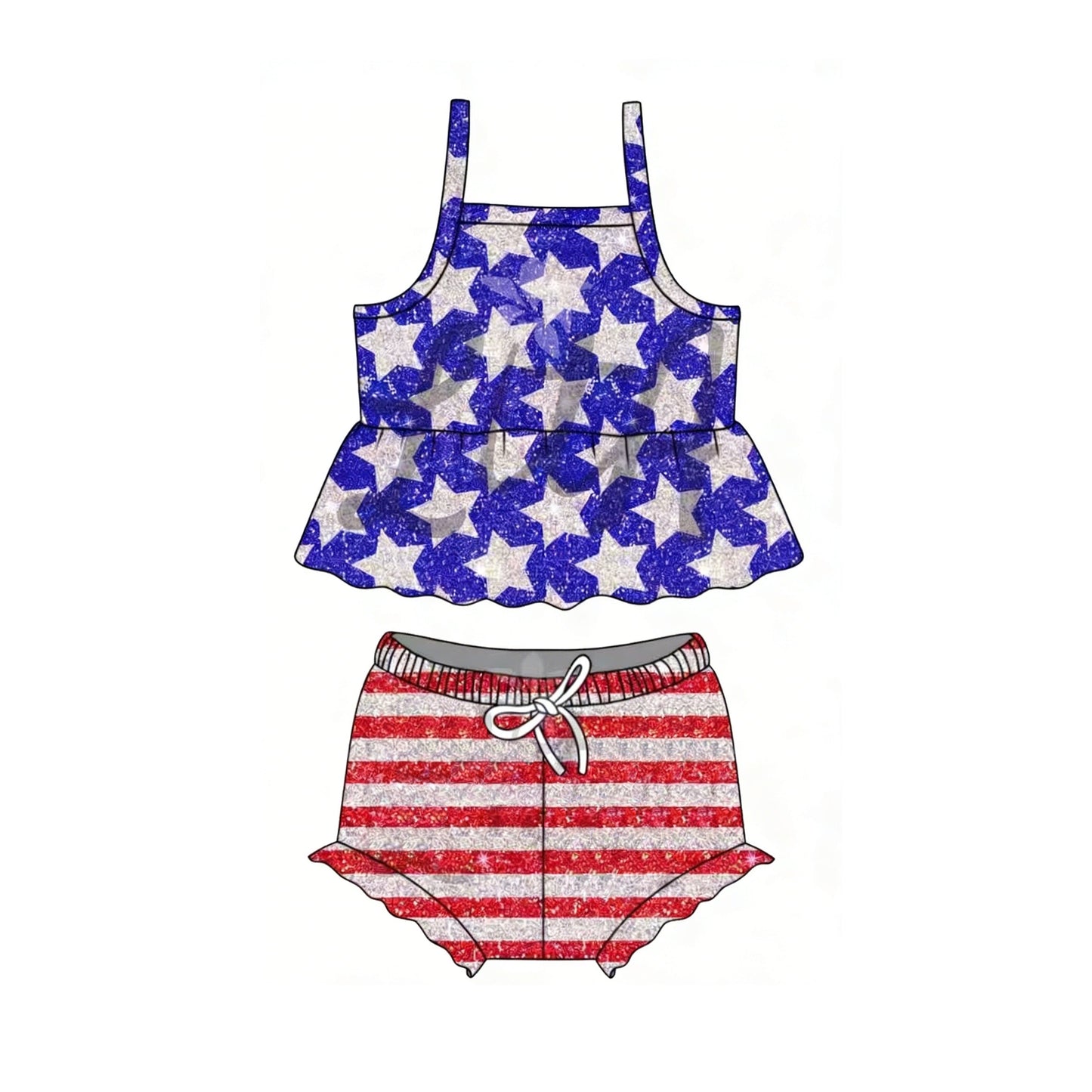 ( Moq 5 ) Preorder Baby Girls Straps Stars Tunic Stripes Bummie Shorts Set 4th of July Clothes