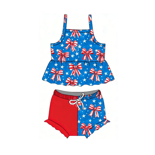 ( Moq 5 ) Preorder Baby Girls Straps Stars Bows Tunic Bummie Shorts Set 4th of July Clothes