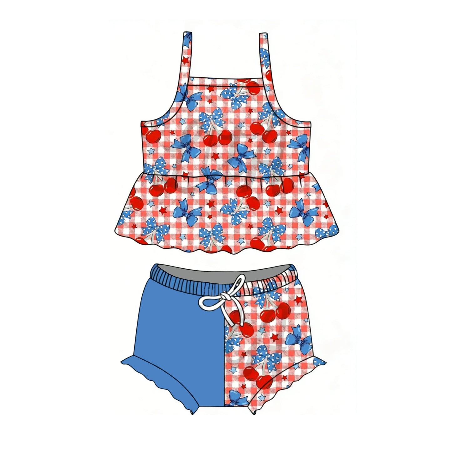 ( Moq 5 ) Preorder Baby Girls Straps Cherry Bows Tunic Bummie Shorts Set 4th of July Clothes