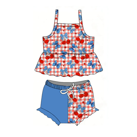 ( Moq 5 ) Preorder Baby Girls Straps Cherry Bows Tunic Bummie Shorts Set 4th of July Clothes