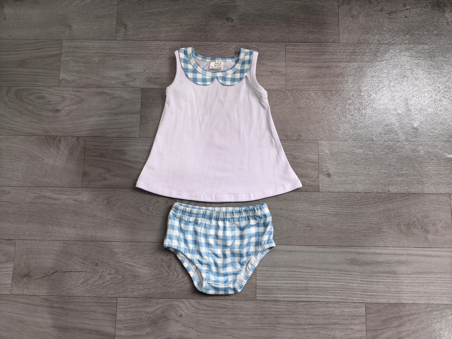 ( No moq ) Preorder Baby Boys Kids Sleeveless Tops Blue Plaid Bummie Shorts Set Clothes