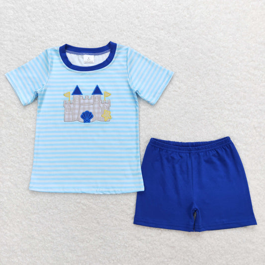 Baby Boy Short Sleeves Embroidery Castle Stripes Shirt Blue Shorts Set
