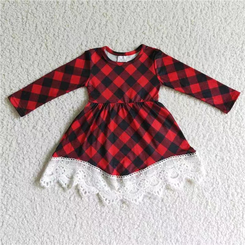 Sibling Baby Girls Long Sleeves Christmas Checked Ruffle Knee Length Dresses RTS