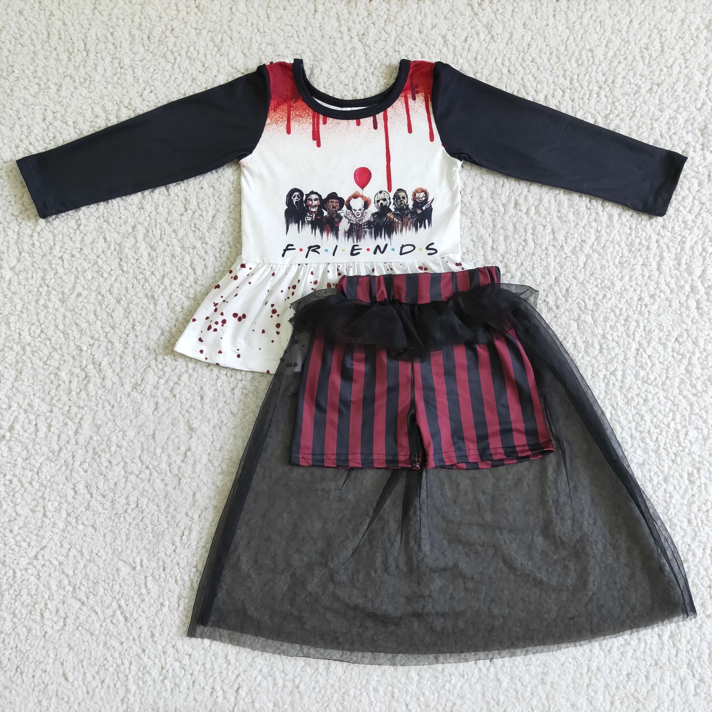 Promotion Baby Girl Long Sleeves Halloween Tops Tulle Shorts Outfit RTS
