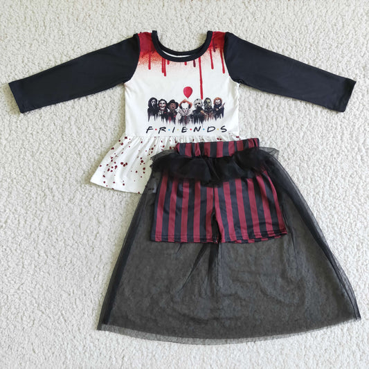 Promotion Baby Girl Long Sleeves Halloween Tops Tulle Shorts Outfit RTS