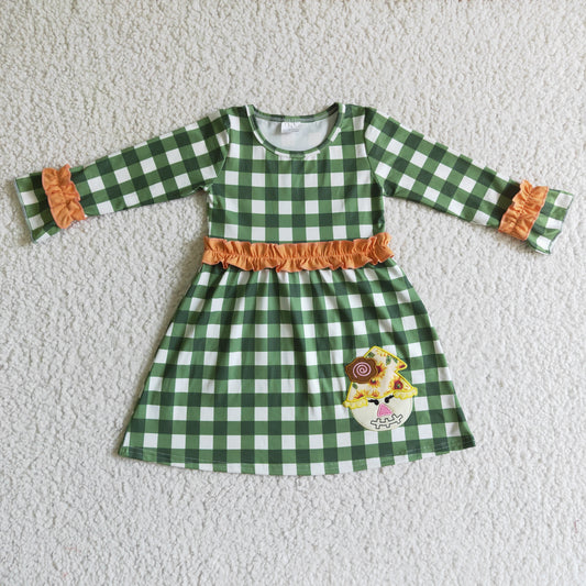 Promotion Baby Girl Embroidery Scarecrow Green Plaid Dress RTS