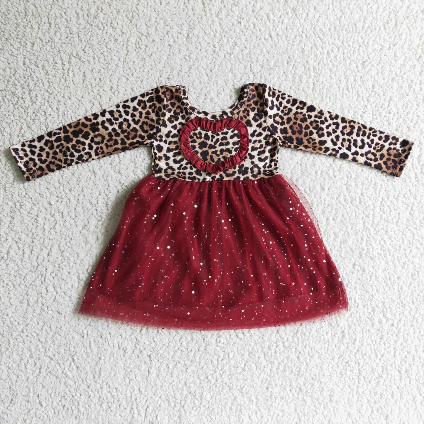 Promotion Baby Girl Leopard Long Sleeves Heart Tulle Valentine's Dress