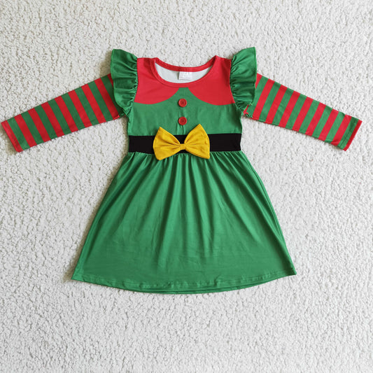 Promotion Baby Girl Stripe Green Bow Christmas Dress