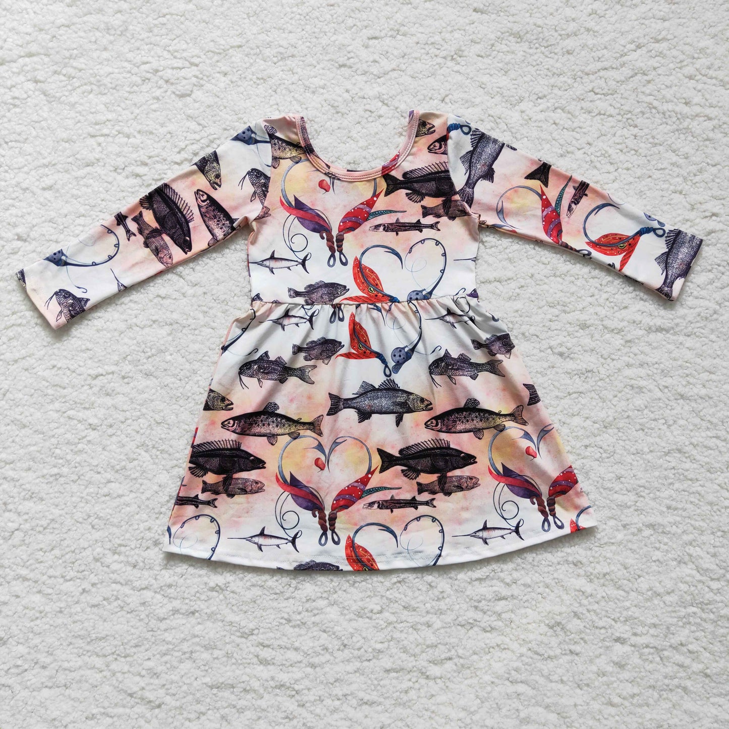 Promotion Baby Girl Long Sleeves Valentines Hearts Fishing Knee Length Dress