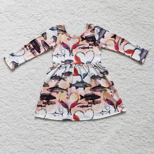 Promotion Baby Girl Long Sleeves Valentines Hearts Fishing Knee Length Dress