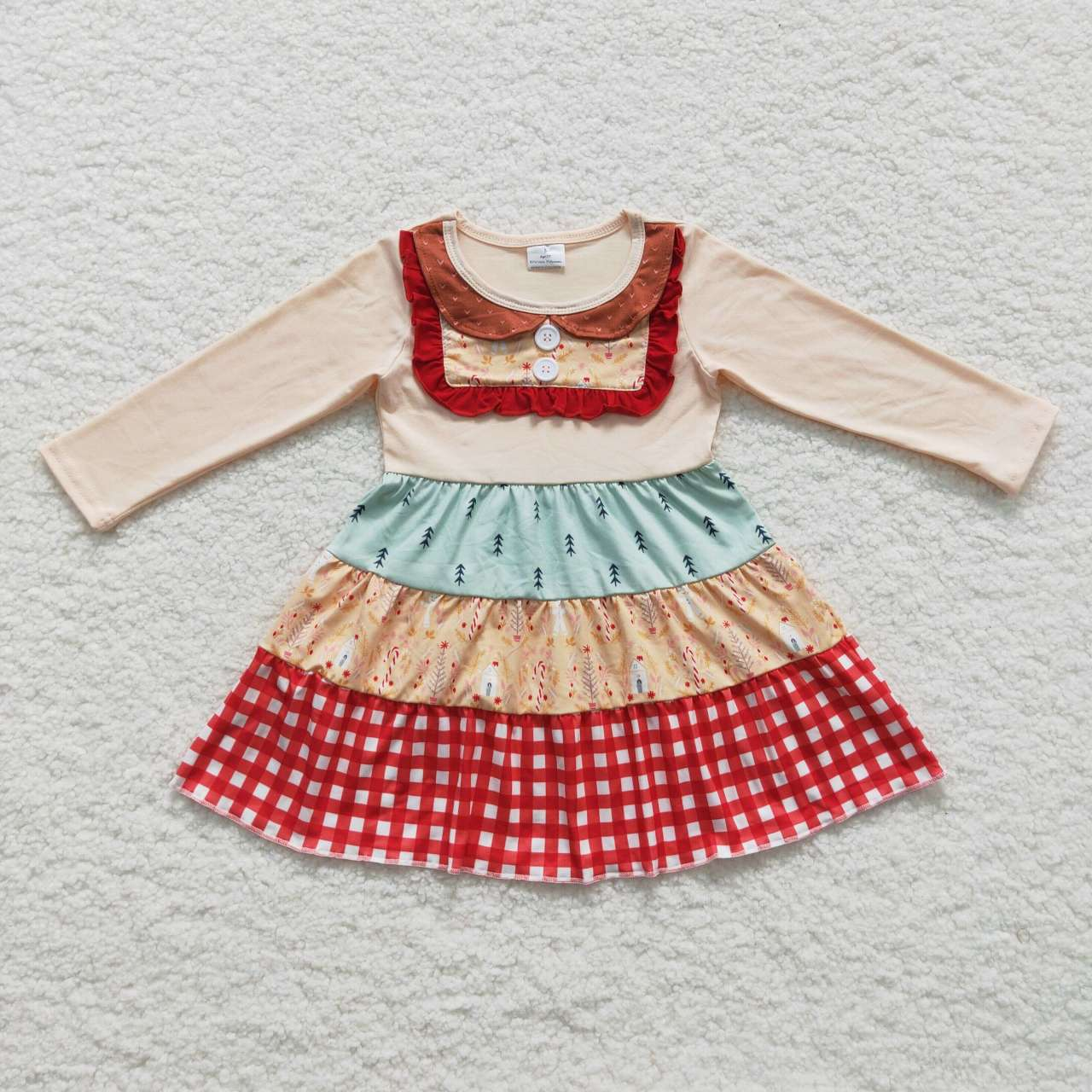 Promotion Baby Girl Long Sleeves Christmas Tree Plaid Ruffle Dress RTS