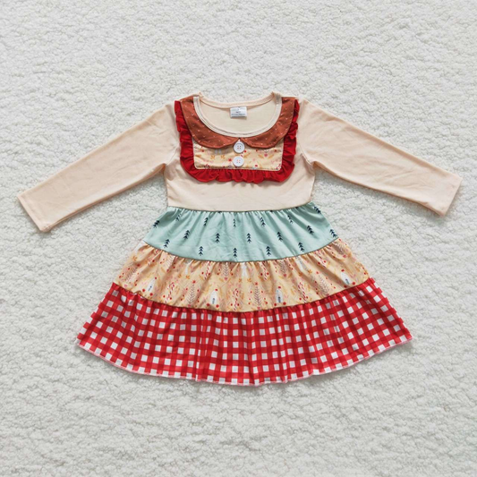 Promotion Baby Girl Long Sleeves Christmas Tree Plaid Ruffle Dress RTS