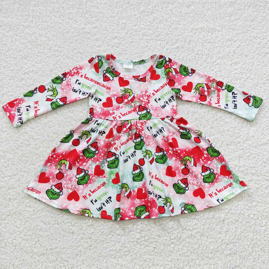 Promotion Baby Girl Long Sleeves Green Face Hearts Christmas Dress RTS