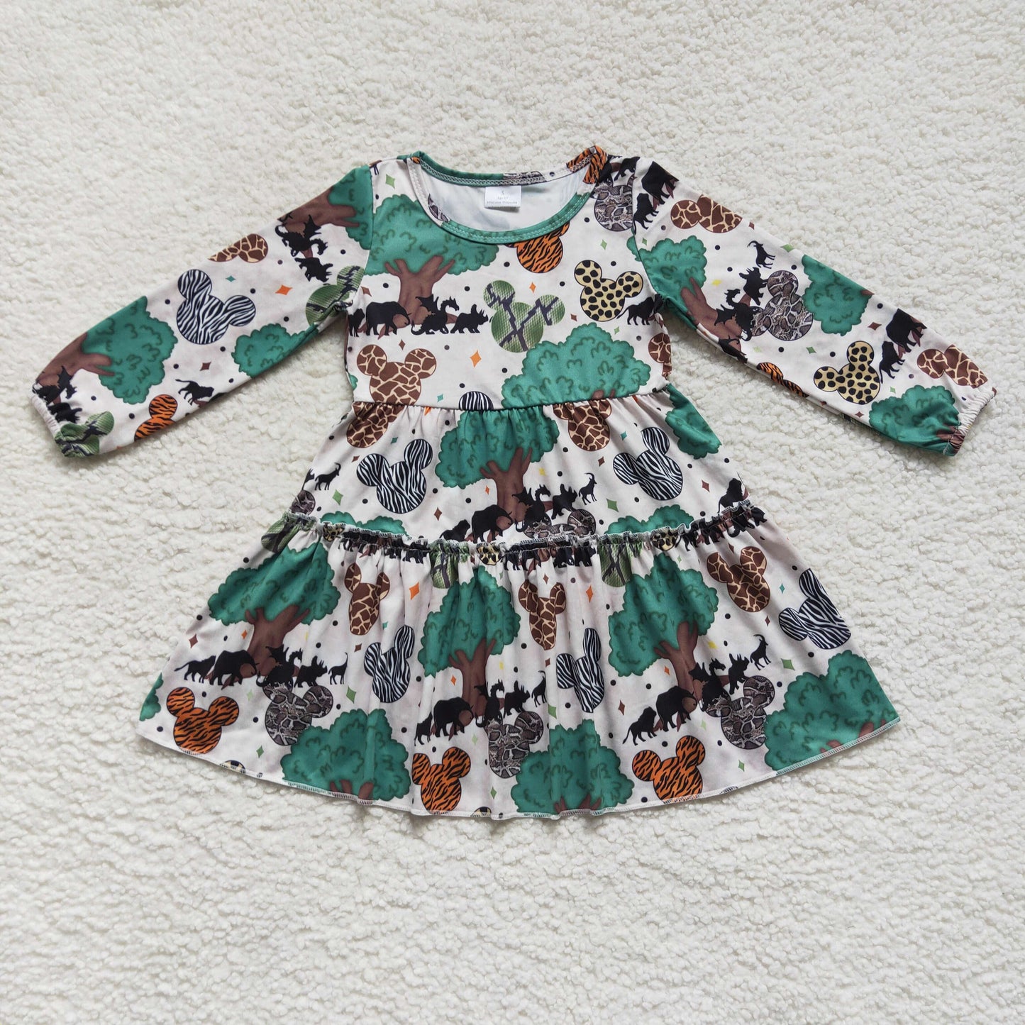 Promotion Baby Girl Tree Cartoon Long Sleeves Green Dress RTS