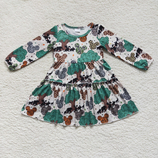 Promotion Baby Girl Tree Cartoon Long Sleeves Green Dress RTS